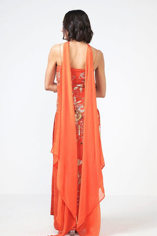 Back look of elegant Narangi Mimi dress crafted from premium orange organza with intricate hand embroidery and delicate scattered sequins. A sophisticated designer outfit perfect for festive wear, ethnic celebrations, receptions, parties, and contemporary occasion dressing.