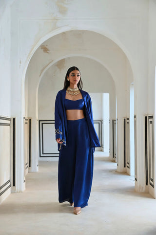 Royal blue loose fitted embroidered blazer styled with a bralet and palazzo, creating a contemporary statement outfit for festive occasions, celebrations and parties.