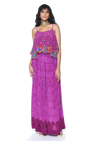 Purple Martini Heavy Embroidery Border Top, Paired With Purple Self Print Pleated Palazzo.