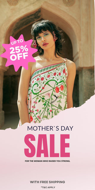 Woman in a one shoulder dress with Mother's Day sale offer on selected dresses upto 25% off