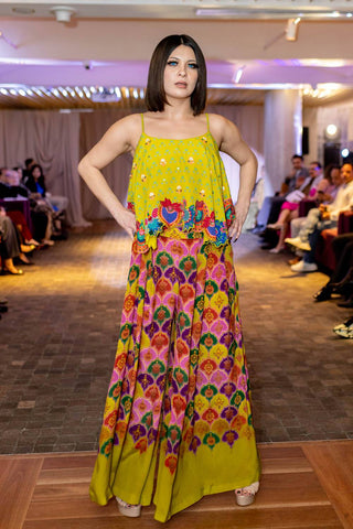 Model in lime yellow Embroidered Co-Ord Set at Australian fashion Grandeur runway. The flowy silhouette and rich hues ensure both comfort and a statement look.