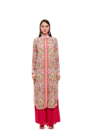 An embellished grey shirt dress featuring an elegant paisley print, designed with refined decorative detailing and a structured silhouette for a modern Indo-western look.