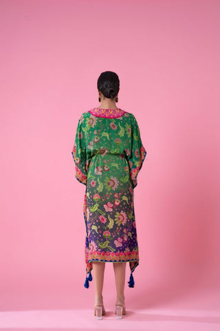 Back view of a Tea Green And Yale Blue Ombre Floral Print kaftan with an evenly blended gradient effect, and pom-pom lace detailing around the hem.
