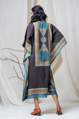 Sura 01 black and teal cotton freesize kaftan dress, boho geometric block print - back view panel