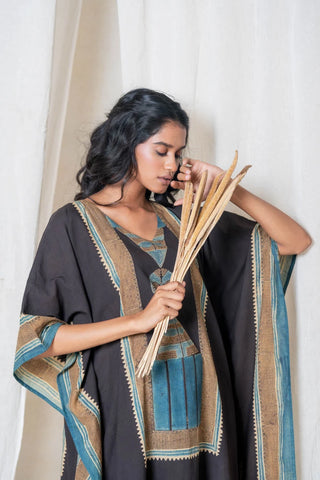 Sura 01 black and teal cotton freesize kaftan dress, boho geometric block print - V-neck and geometric panel detail