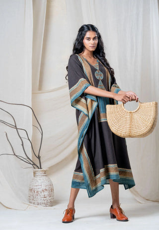 Sura 01 black and teal cotton freesize kaftan dress, boho geometric block print - travel look