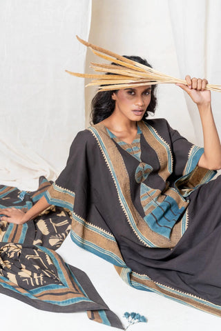Sura 01 black and teal cotton freesize kaftan dress, boho geometric block print - relaxed holiday look