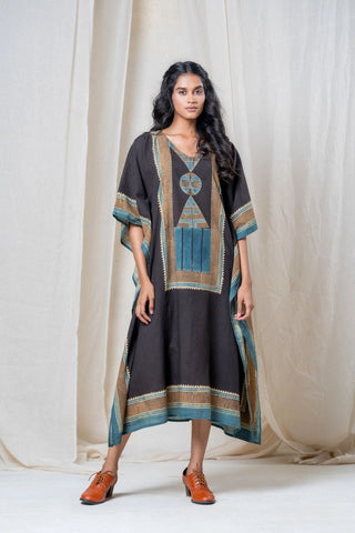 Sura 01 black and teal cotton freesize kaftan dress, boho geometric block print - Vrajbhoomi women's kaftan with a relaxed, flowing silhouette, perfect for beach holidays, resort wear and summer escapes.