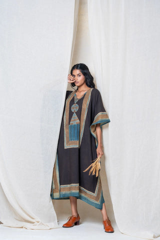 Sura 01 black and teal cotton freesize kaftan dress, boho geometric block print - side view