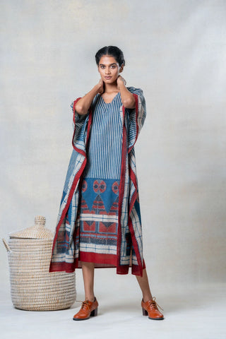 Sura 06 indigo and red striped cotton freesize kaftan dress, boho tribal block print - resort holiday look