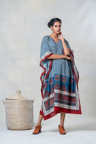Sura 06 indigo and red striped cotton freesize kaftan dress, boho tribal block print. Vrajbhoomi women's block print kaftan dress with a modern patterned design, perfect for weekends, resort lunches and leisurely sightseeing.