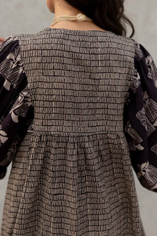 Inari grey and black cotton kaftan sleeve midi dress, boho hand block print - gathered yoke block print detail