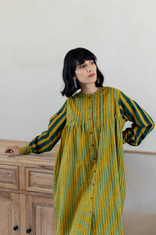 Hand block printed mustard and green stripe pintuck tunic with button front and balloon sleeves