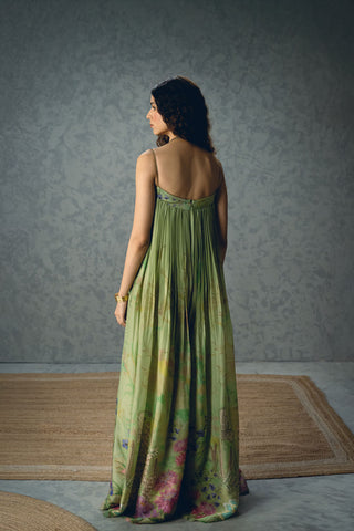 Modern pista green floral organza silk jumpsuit ideal for party wear, formal gatherings, resort wear, vacations, holiday outfits, soirées, and wedding receptions.