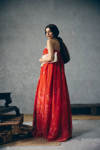 Modern red floral organza silk jumpsuit ideal for party wear, formal gatherings, resort wear, vacations, holiday outfits, soirées, and wedding receptions.